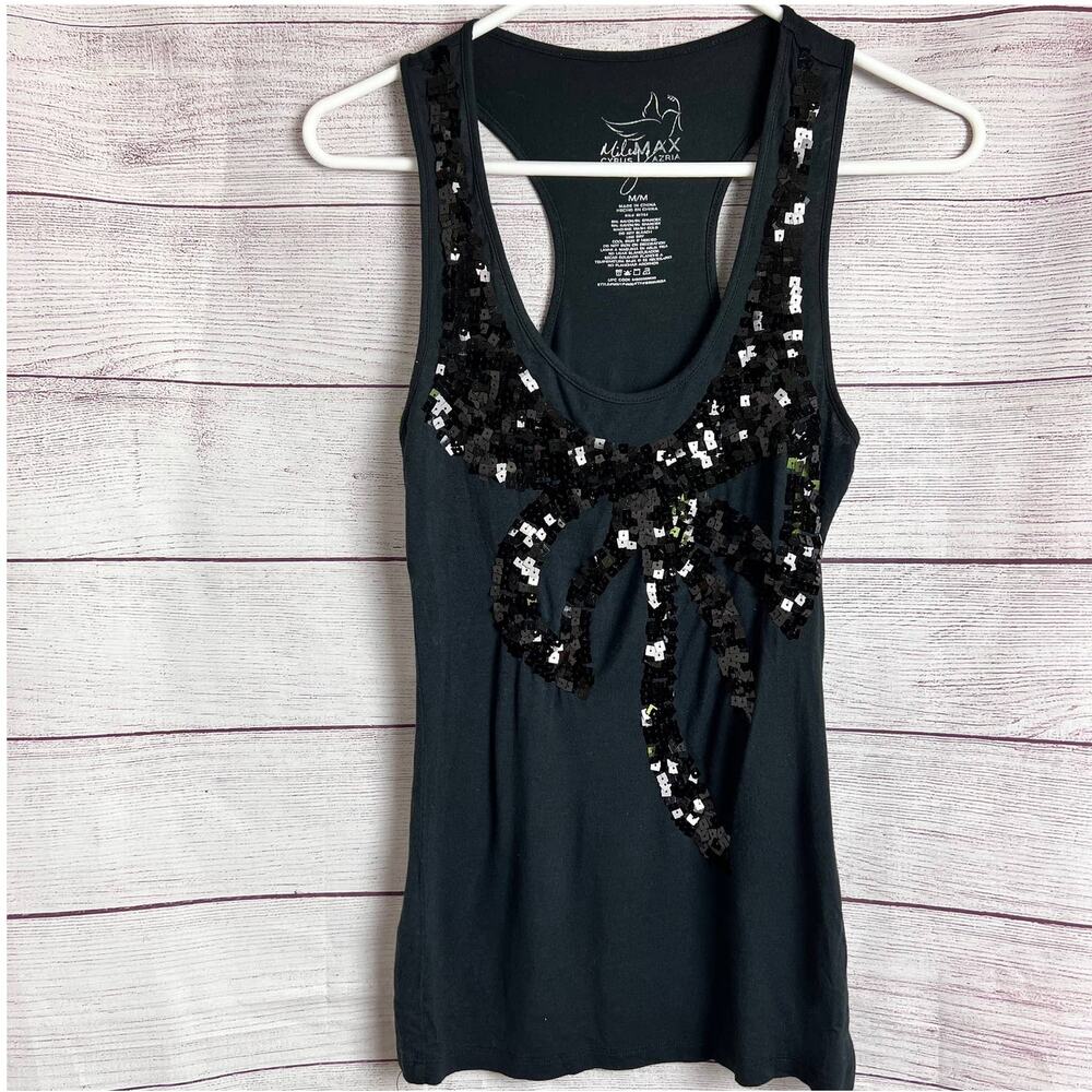 Miley Cyrus  Max Azria Women's Sleeveless Racerback Black Bow  Embellished Tank